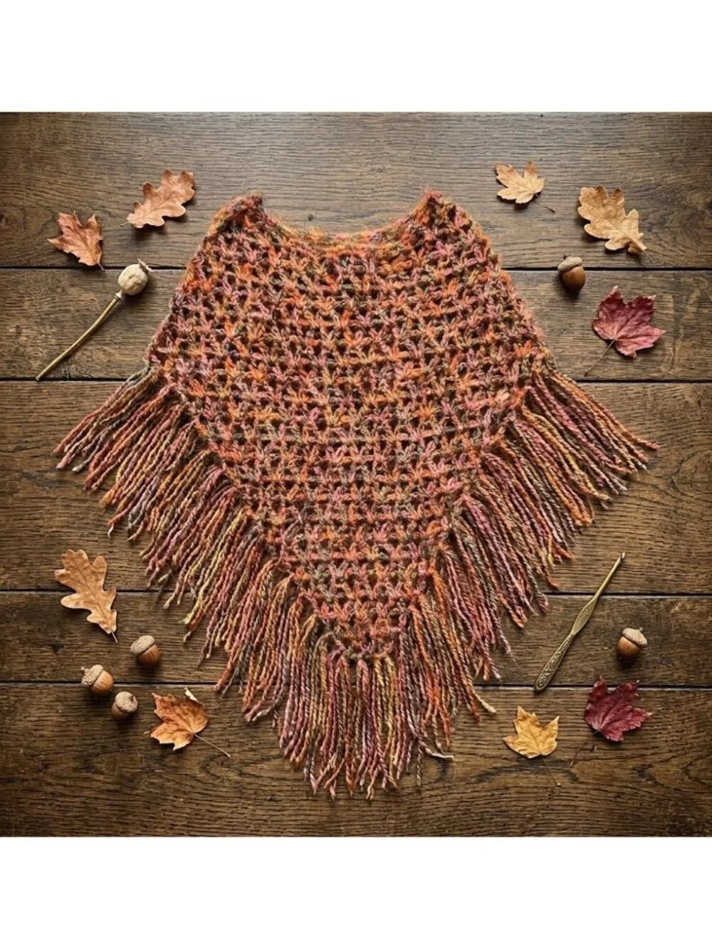 Handmade Crochet Soft Knit Shawl Orange Pink Fringe Boho Indie Festival One Size
